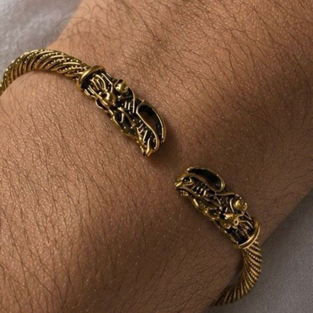 Geri & Freki Wolf Head Bracelet – Nordic Viking Cable Cuff
